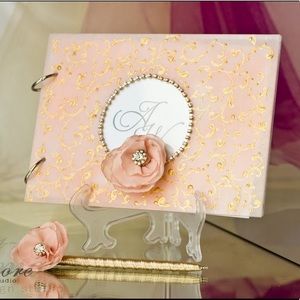 DIAMORE Handmade Blush Floral/Lace Gold-Painted Wedding Guest Book